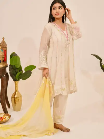 IVORY BLOSSOM KURTA SET WITH LEMON DUPATTA (SET OF 3) - 2