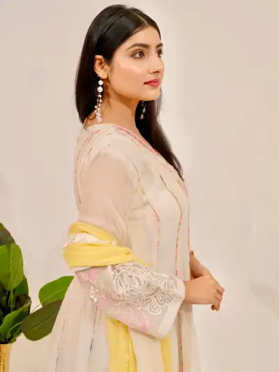 Ivory Floral Embroidered A-Line Short Kurti Pant Set with Lemon Yellow Dupatta - 3