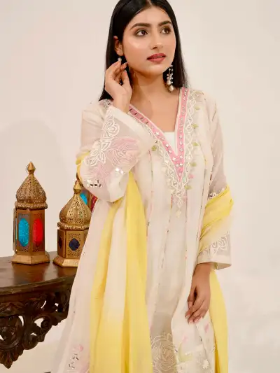 Ivory Floral Embroidered A-Line Short Kurti Pant Set with Lemon Yellow Dupatta - 4