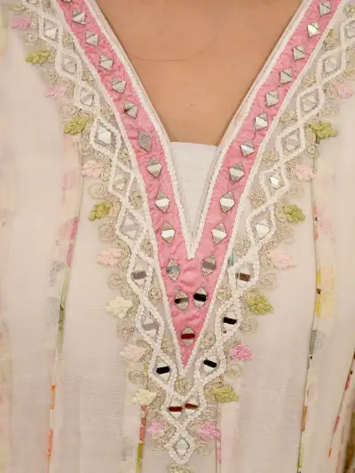 Ivory Floral Embroidered A-Line Short Kurti Pant Set with Lemon Yellow Dupatta - 5