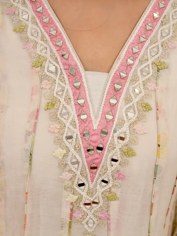 Ivory Floral Embroidered A-Line Short Kurti Pant Set with Lemon Yellow Dupatta thumbnail 5