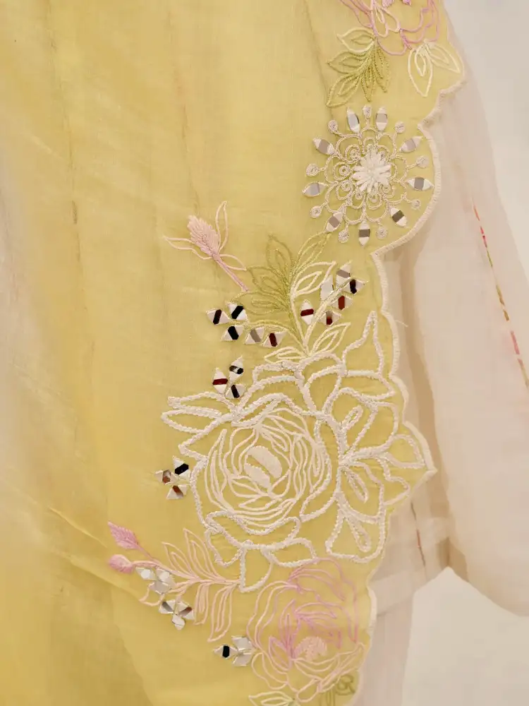 Ivory Floral Embroidered A-Line Short Kurti Pant Set with Lemon Yellow Dupatta thumbnail 6