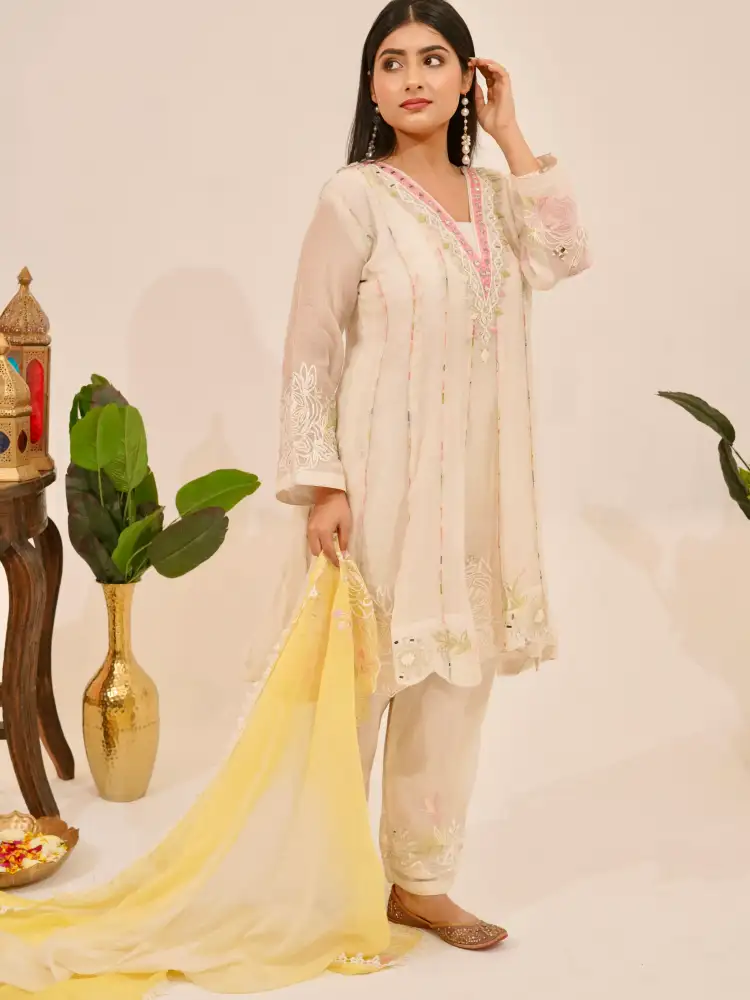 Ivory Floral Embroidered A-Line Short Kurti Pant Set with Lemon Yellow Dupatta thumbnail 7