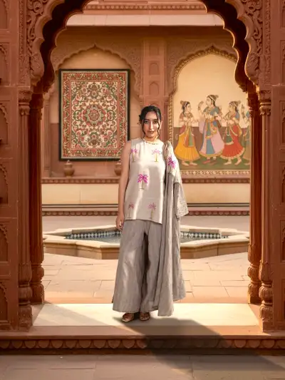 Beige Embroidered Sleeveless Short Kurti Co-ord Set with Palazzo & Long Jacket - 1