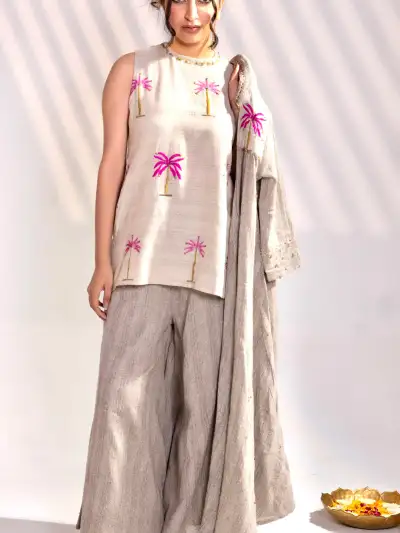 Beige Embroidered Sleeveless Short Kurti Co-ord Set with Palazzo & Long Jacket - 2