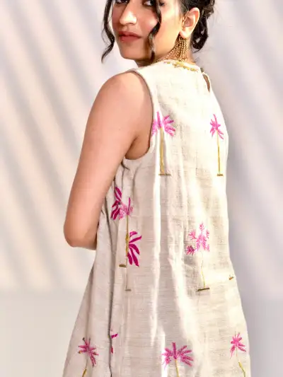 Beige Embroidered Sleeveless Short Kurti Co-ord Set with Palazzo & Long Jacket - 3