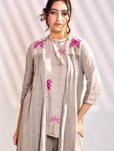 Beige Embroidered Sleeveless Short Kurti Co-ord Set with Palazzo & Long Jacket - 4