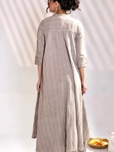 Beige Embroidered Sleeveless Short Kurti Co-ord Set with Palazzo & Long Jacket - 6