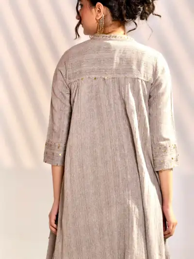Beige Embroidered Sleeveless Short Kurti Co-ord Set with Palazzo & Long Jacket - 8