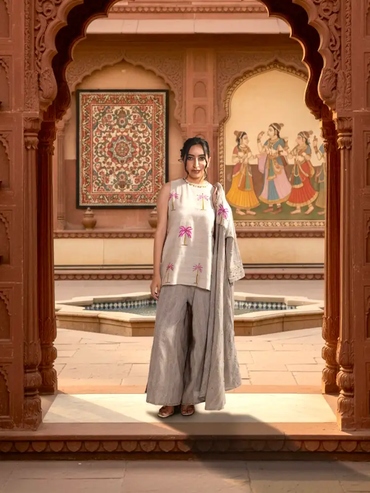 Beige Embroidered Sleeveless Short Kurti Co-ord Set with Palazzo & Long Jacket - View 1