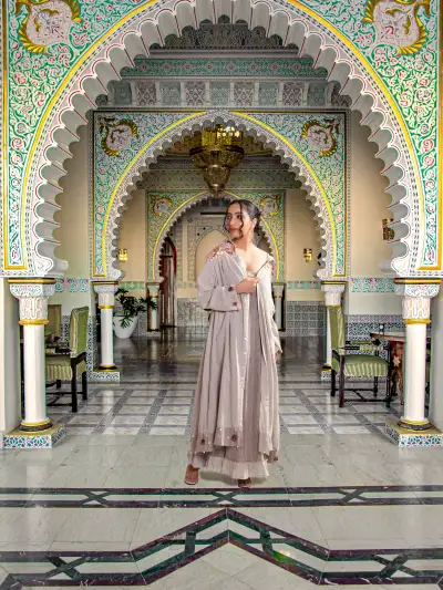 BEIGE INDO-WESTERN LAYERED MAXI DRESS WITH EMBROIDERED JACKET - 1