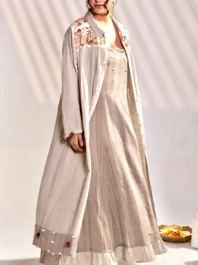 BEIGE INDO-WESTERN LAYERED MAXI DRESS WITH EMBROIDERED JACKET - 2