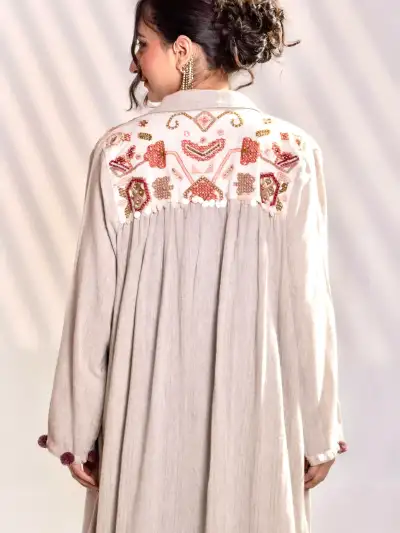 Beige Indo-Western Layered Maxi Dress with Embroidered Jacket - 4
