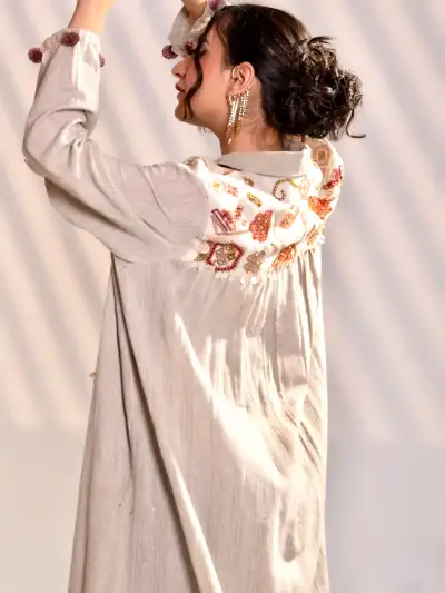 Beige Indo-Western Layered Maxi Dress with Embroidered Jacket - 7