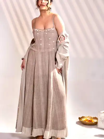 Beige Indo-Western Layered Maxi Dress with Embroidered Jacket - 8