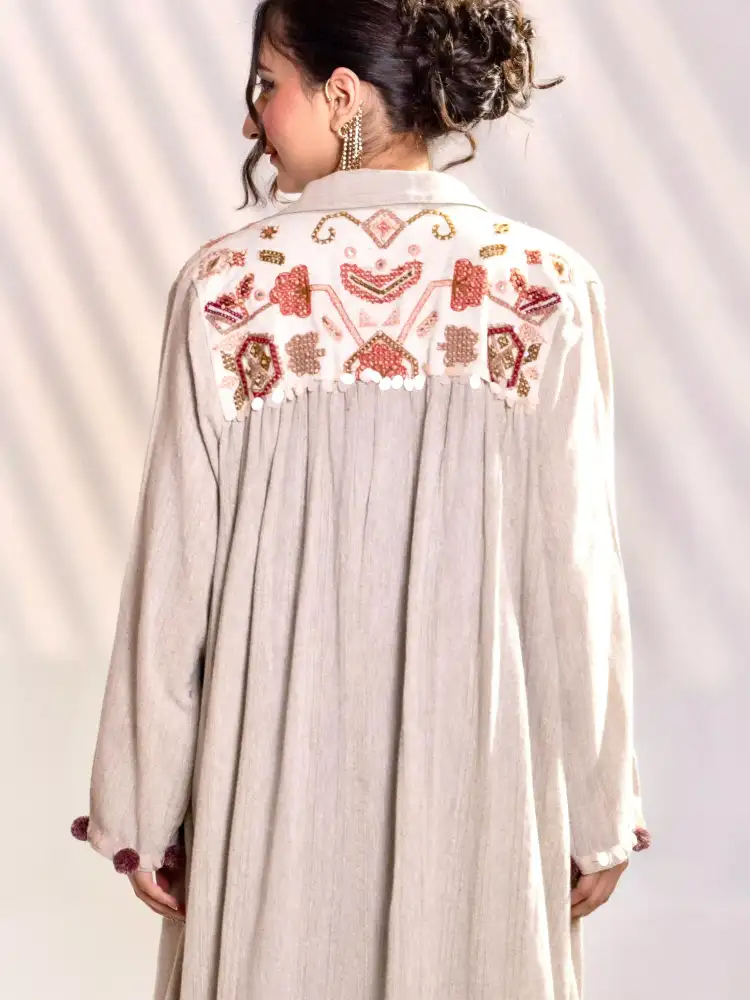 Beige Indo-Western Layered Maxi Dress with Embroidered Jacket thumbnail 4