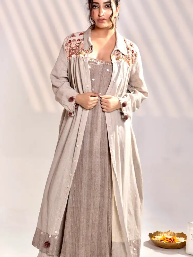 Beige Indo-Western Layered Maxi Dress with Embroidered Jacket thumbnail 6