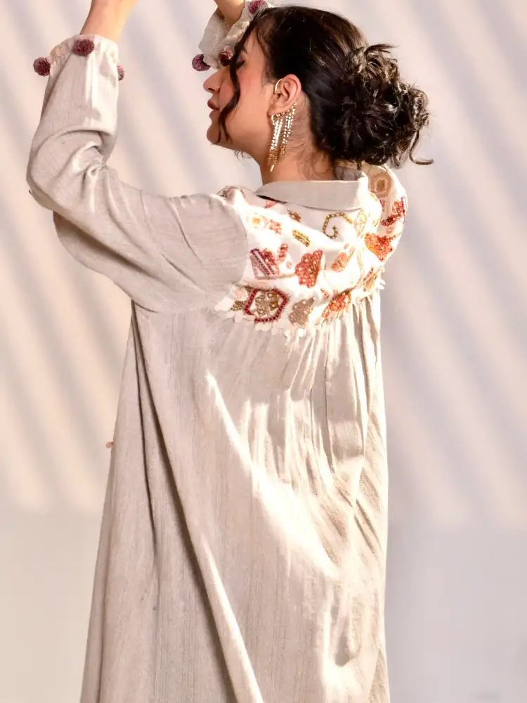 Beige Indo-Western Layered Maxi Dress with Embroidered Jacket thumbnail 7