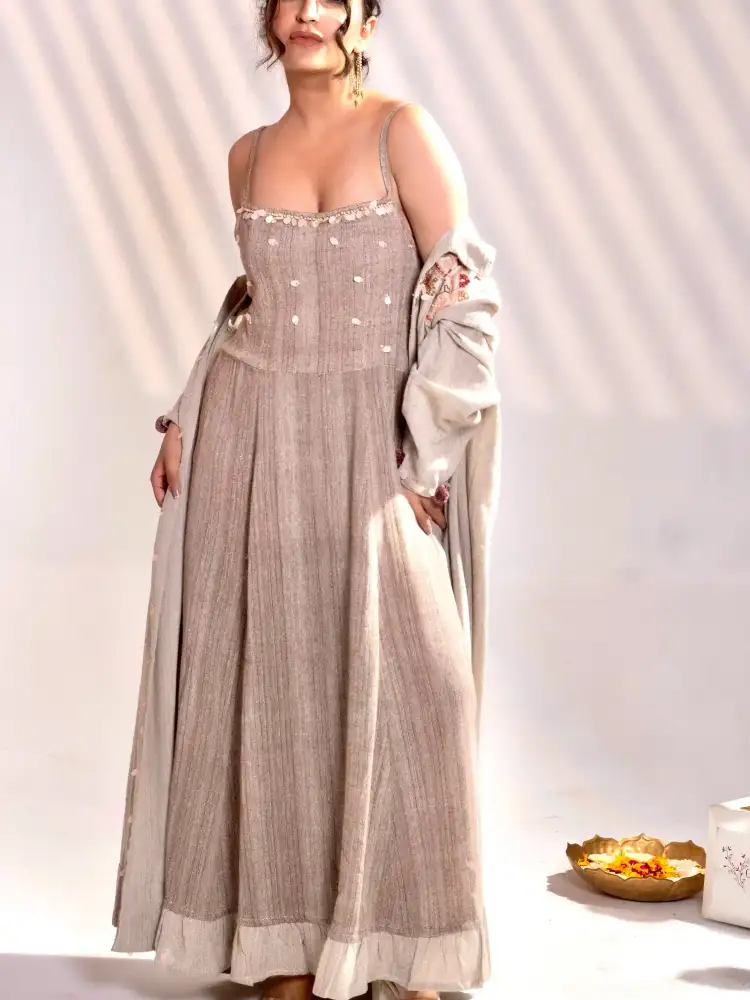 Beige Indo-Western Layered Maxi Dress with Embroidered Jacket thumbnail 8