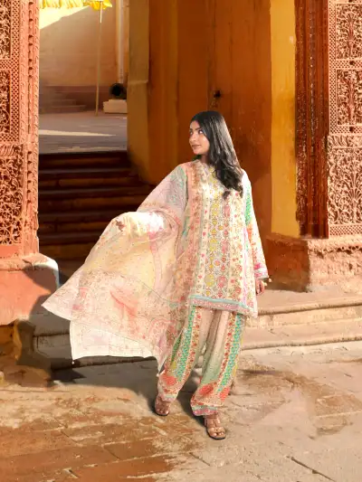 Pastel Multicolor Printed Kurta Farshi Salwar Set with Dupatta - 1