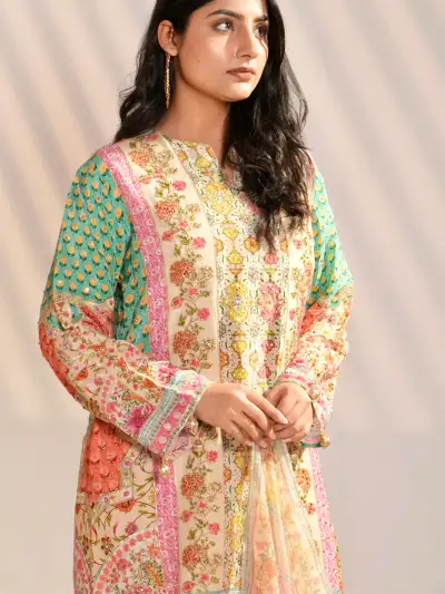 Pastel Multicolor Printed Kurta Farshi Salwar Set with Dupatta - 4
