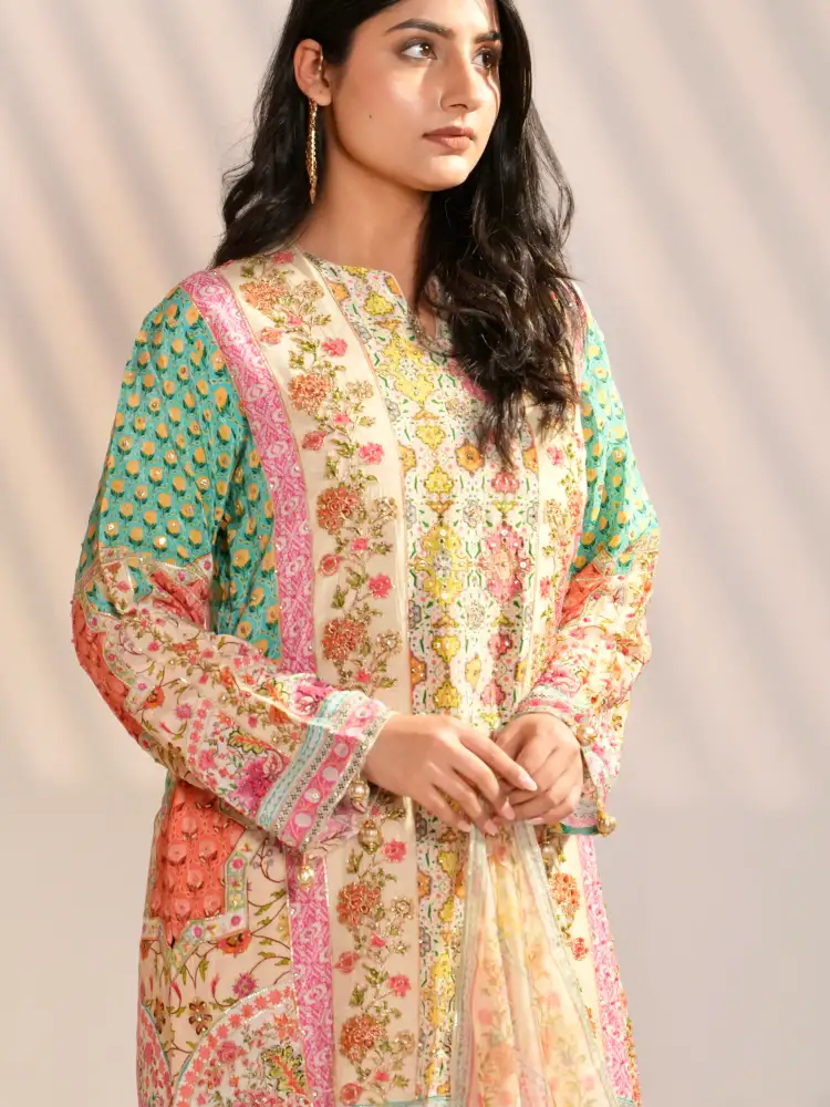 Pastel Multicolor Printed Kurta Farshi Salwar Set with Dupatta thumbnail 4