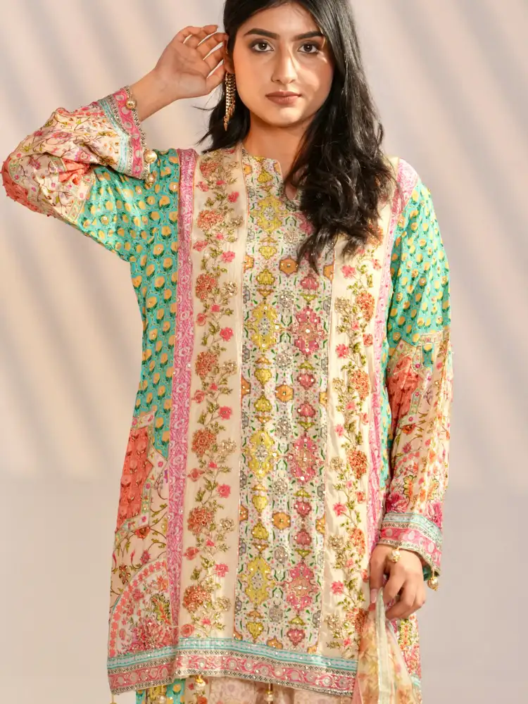 Pastel Multicolor Printed Kurta Farshi Salwar Set with Dupatta thumbnail 5