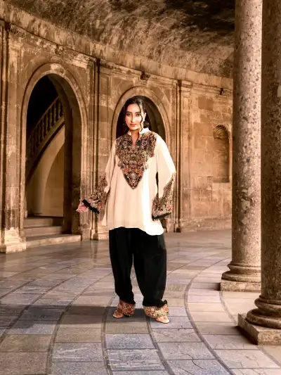 Beige Heavy Embroidered Short Kurti with Black Farshi Salwar Set - 1