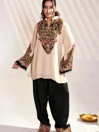 Beige Heavy Embroidered Short Kurti with Black Farshi Salwar Set - 1