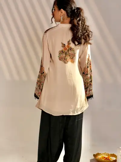 BEIGE HEAVY EMBROIDERED SHORT KURTI WITH BLACK FARSHI SALWAR SET - 2