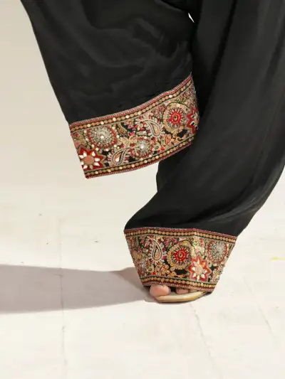 Beige Heavy Embroidered Short Kurti with Black Farshi Salwar Set - 3