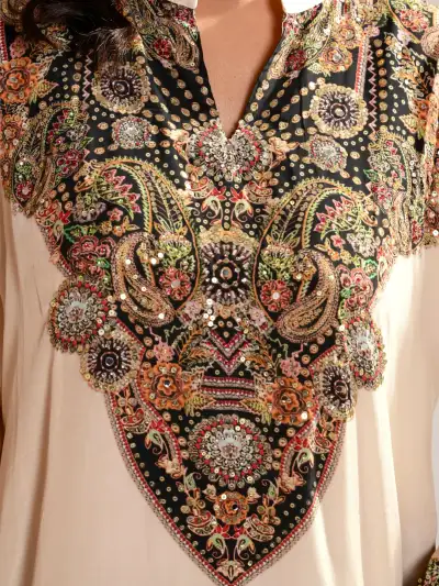 Beige Heavy Embroidered Short Kurti with Black Farshi Salwar Set - 4