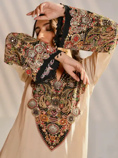 Beige Heavy Embroidered Short Kurti with Black Farshi Salwar Set - 4