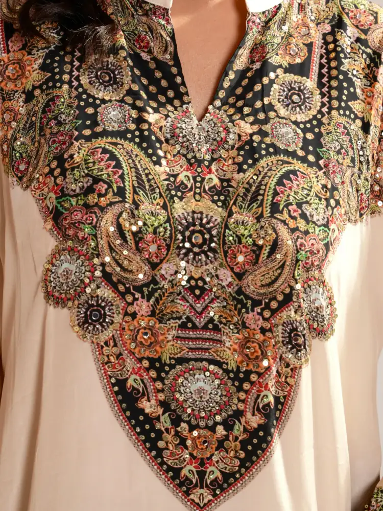 Beige Heavy Embroidered Short Kurti with Black Farshi Salwar Set thumbnail 4