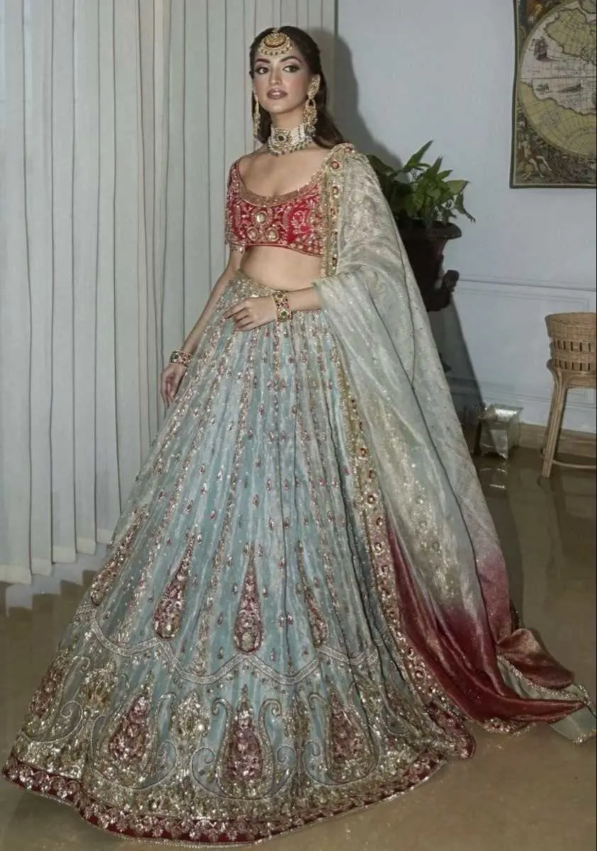 Ice Blue & Crimson Lehenga Set